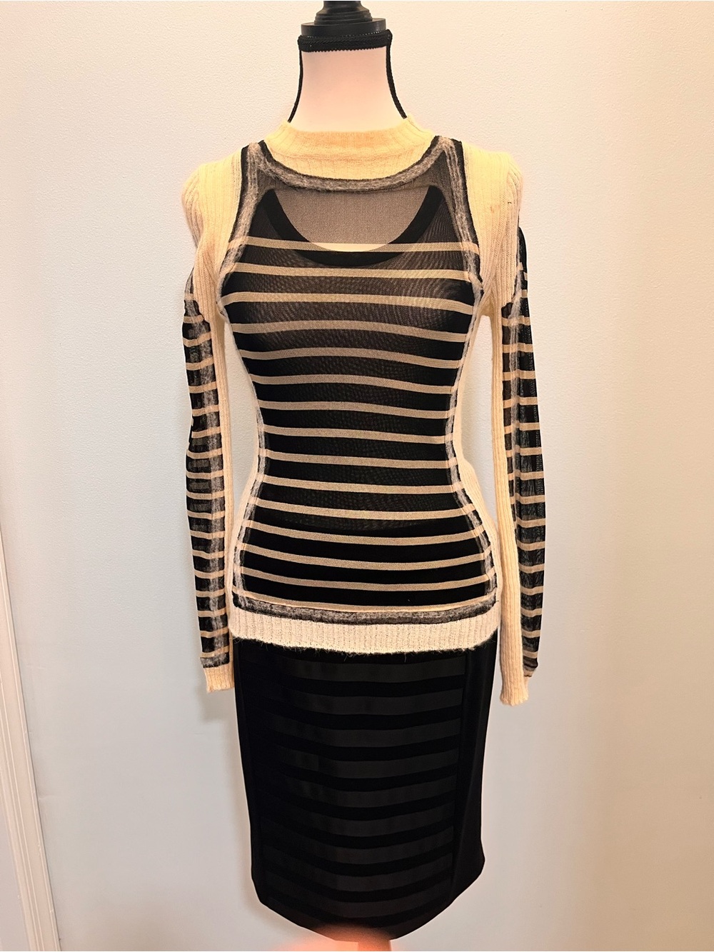 Jean Paul Gaultier Black and Cream Striped Sheer Long Sleeve Top